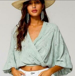 Young Fabulous & Broke Mint Green Tia Eyelet Faux Wrap Top